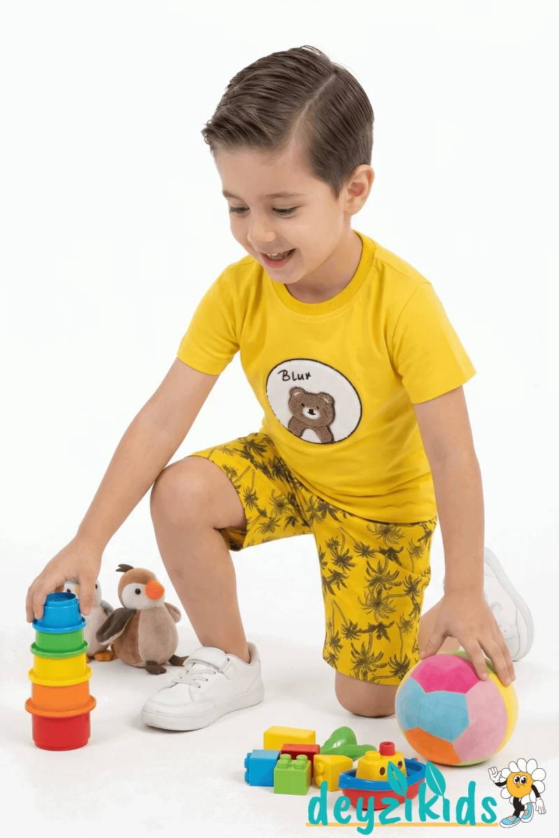 Ayıcık Nakış İşlemeli Kısa Kollu Beli Lastikli T-Shirt Şort Takım 2-3-4-5 Yaş