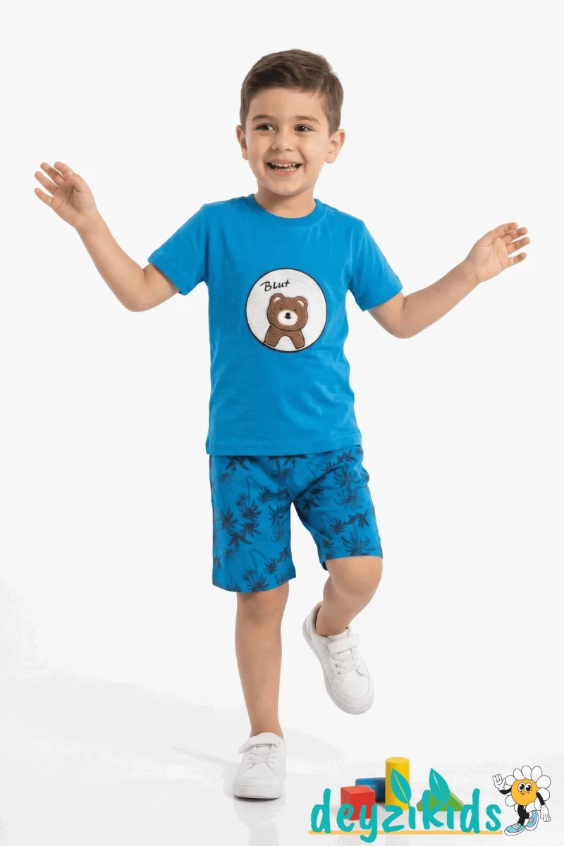 Ayıcık Nakış İşlemeli Kısa Kollu Beli Lastikli T-Shirt Şort Takım 2-3-4-5 Yaş