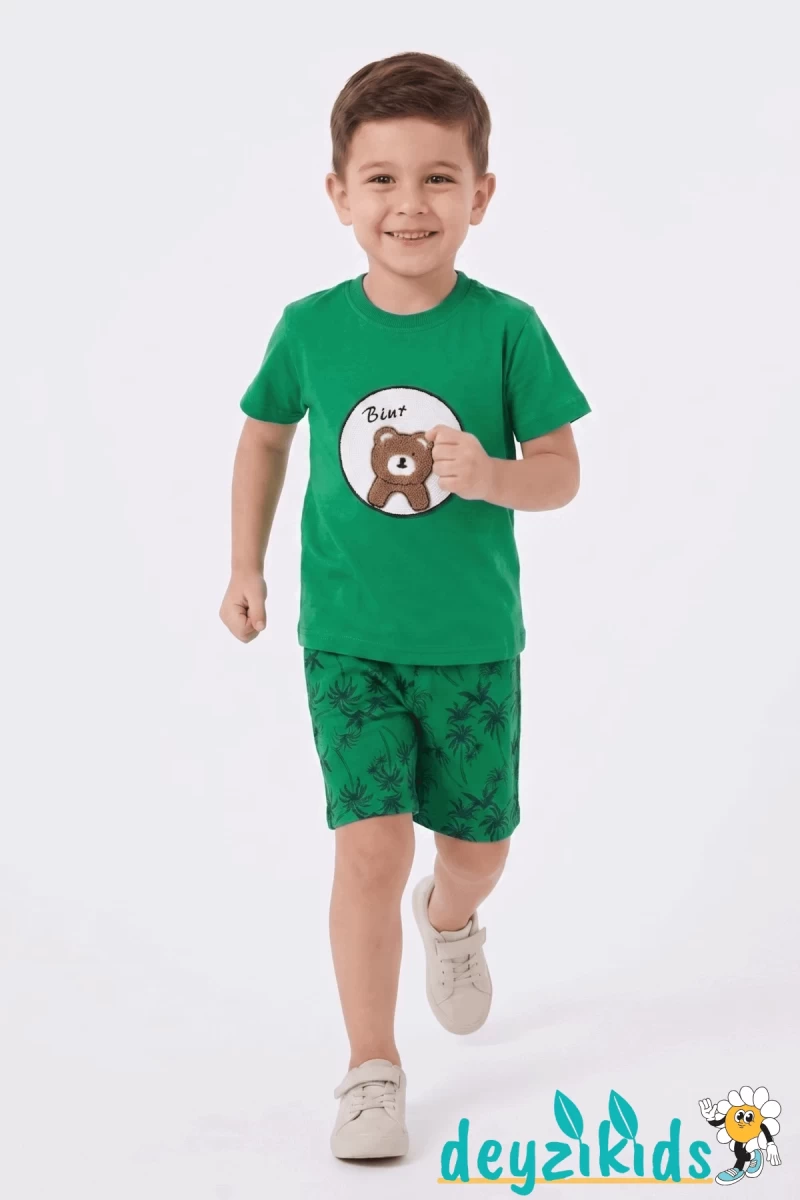 Ayıcık Nakış İşlemeli Kısa Kollu Beli Lastikli T-Shirt Şort Takım 2-3-4-5 Yaş