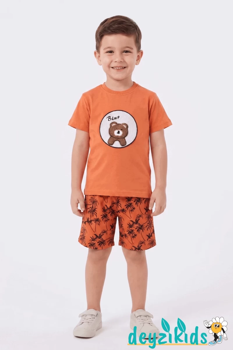 Ayıcık Nakış İşlemeli Kısa Kollu Beli Lastikli T-Shirt Şort Takım 2-3-4-5 Yaş