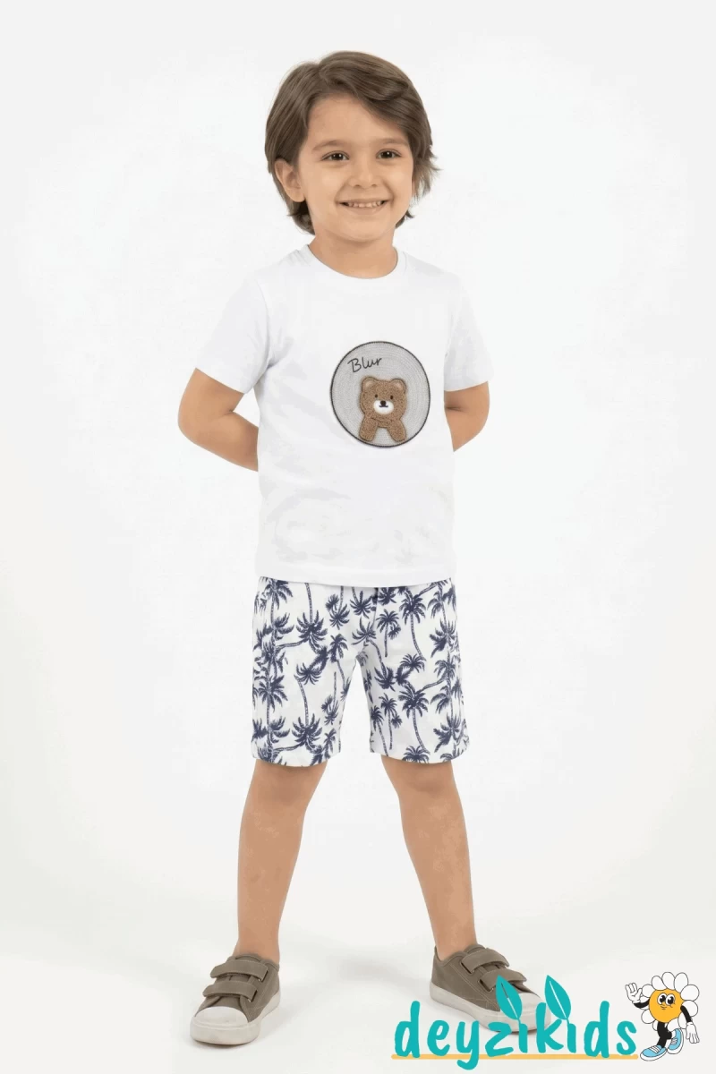 Ayıcık Nakış İşlemeli Kısa Kollu Beli Lastikli T-Shirt Şort Takım 2-3-4-5 Yaş