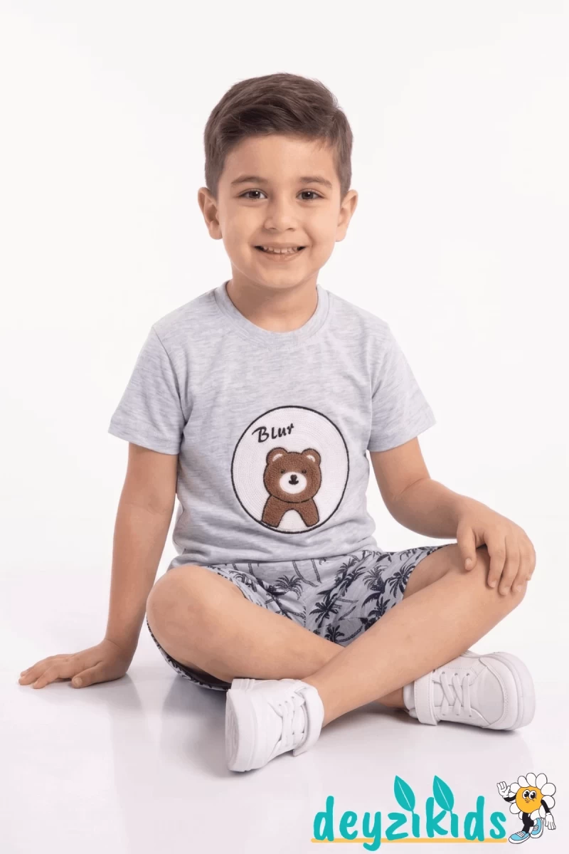 Ayıcık Nakış İşlemeli Kısa Kollu Beli Lastikli T-Shirt Şort Takım 2-3-4-5 Yaş