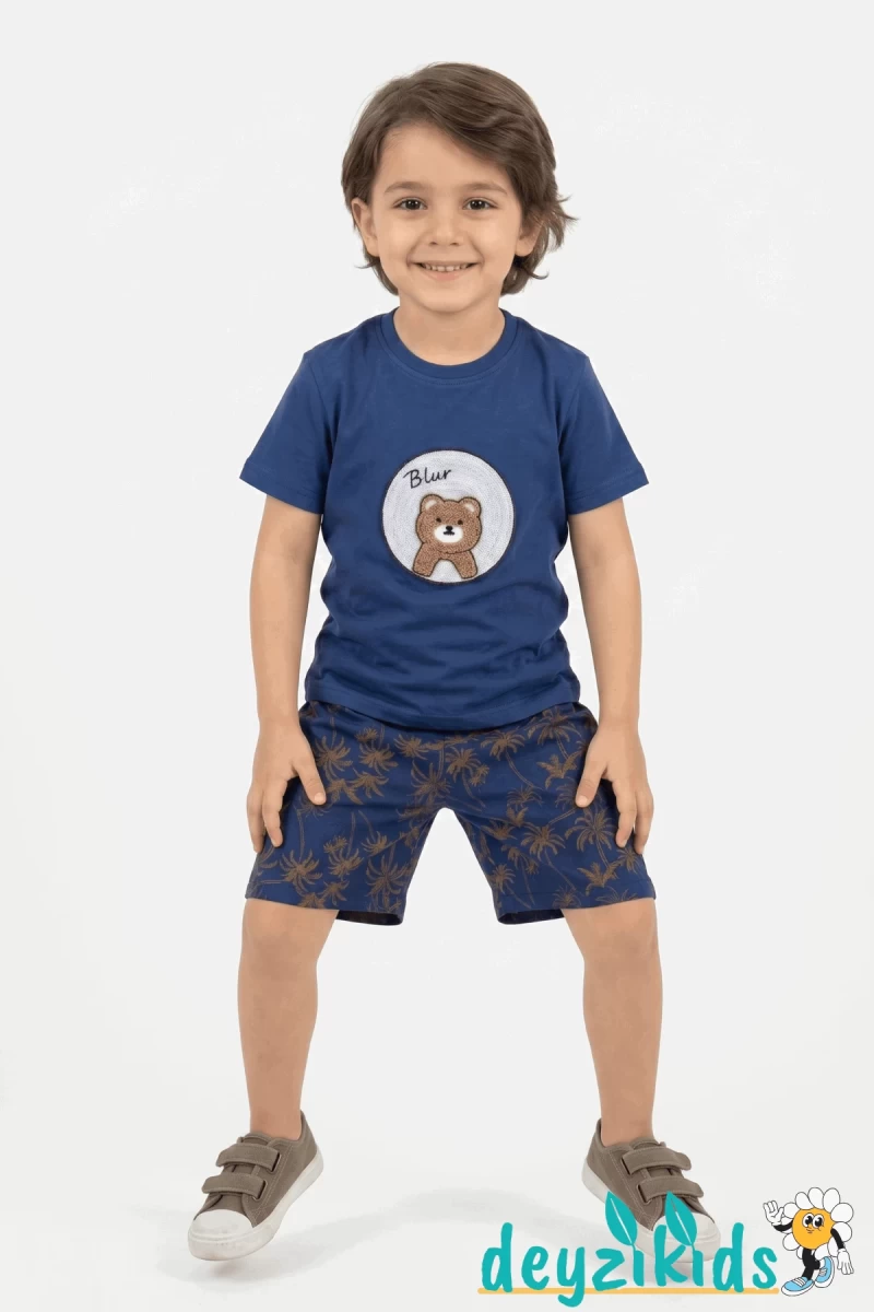 Ayıcık Nakış İşlemeli Kısa Kollu Beli Lastikli T-Shirt Şort Takım 2-3-4-5 Yaş