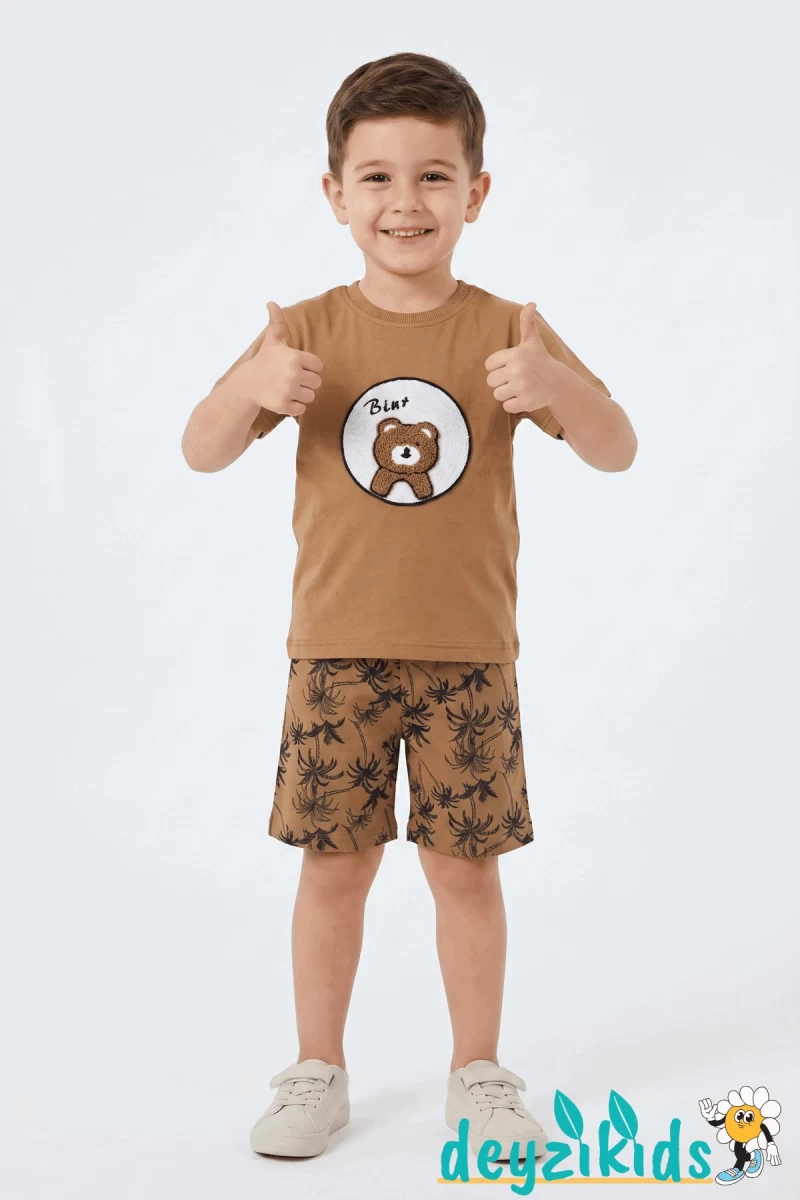 Ayıcık Nakış İşlemeli Kısa Kollu Beli Lastikli T-Shirt Şort Takım 2-3-4-5 Yaş