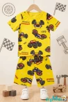 Canavar Araba Baskılı Kısa Kollu T-shirt Beli Lastikli Şort Alt Üst Takım 4-6-8-10-12 Yaş