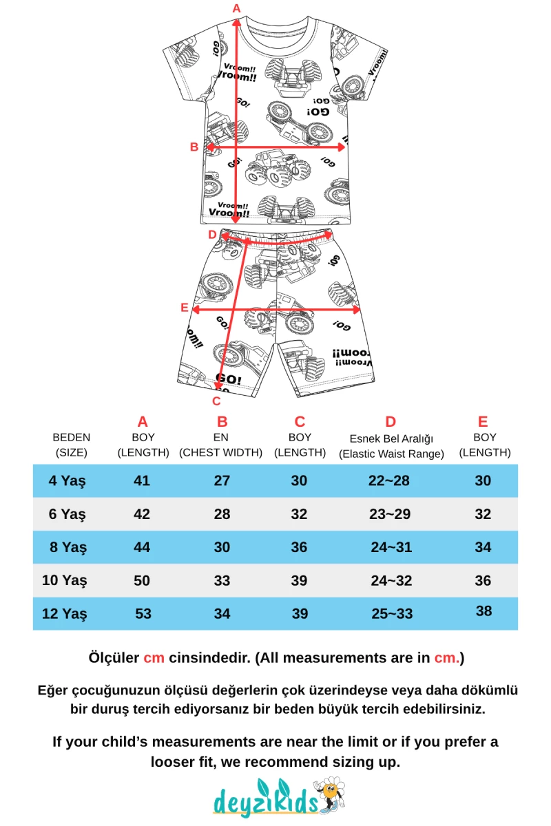 Canavar Araba Baskılı Kısa Kollu T-shirt Beli Lastikli Şort Alt Üst Takım 4-6-8-10-12 Yaş
