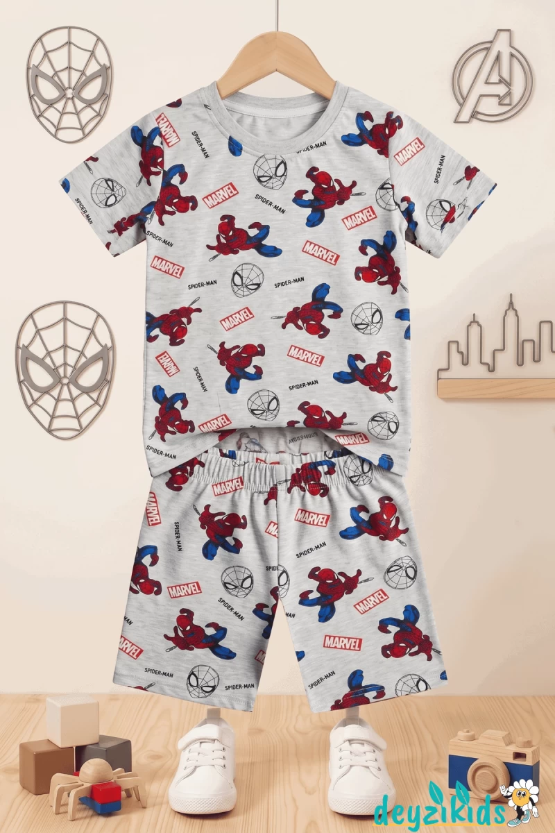 Spiderman Baskılı Kısa Kollu T-shirt Beli Lastikli Şort Alt Üst Takım 8-9-10-11-12 Yaş
