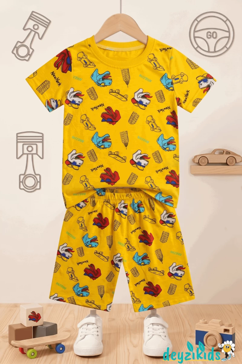 Dinozor Kaykay Baskılı Kısa Kollu T-shirt Beli Lastikli Şort Alt Üst Takım 4-6-8-10-12 Yaş