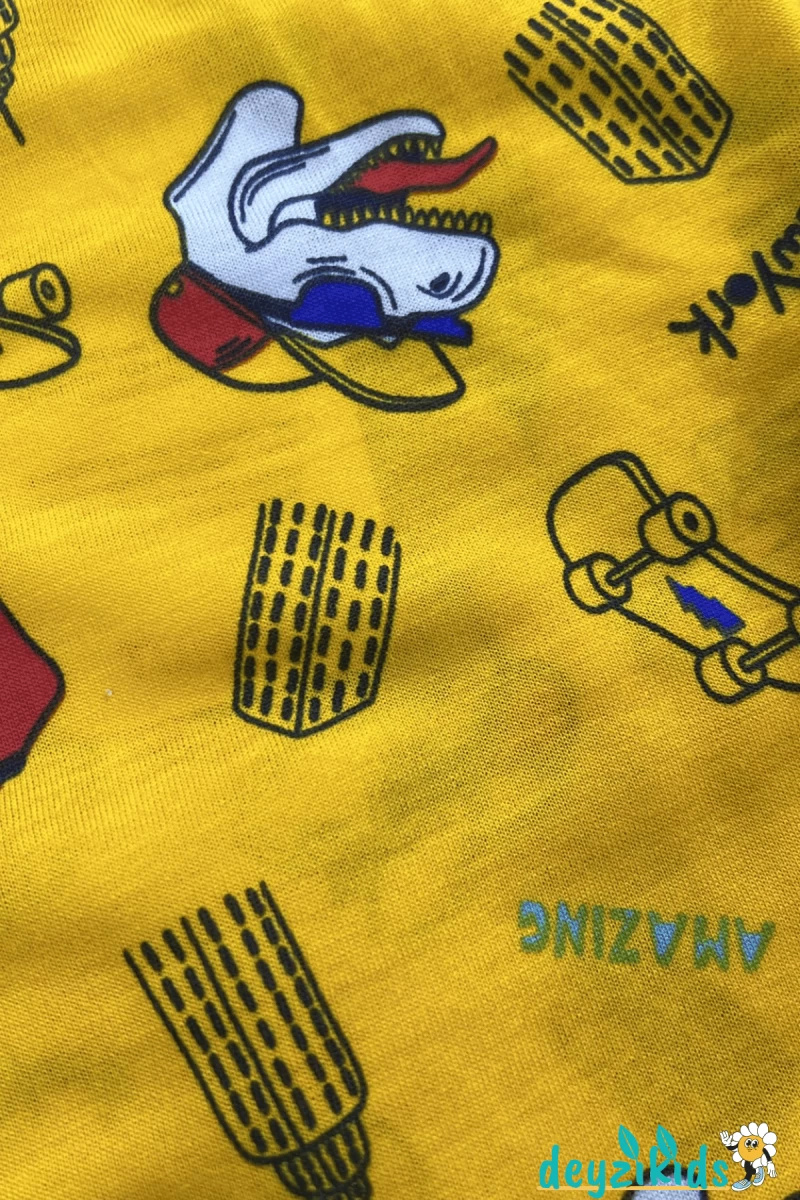 Dinozor Kaykay Baskılı Kısa Kollu T-shirt Beli Lastikli Şort Alt Üst Takım 4-6-8-10-12 Yaş