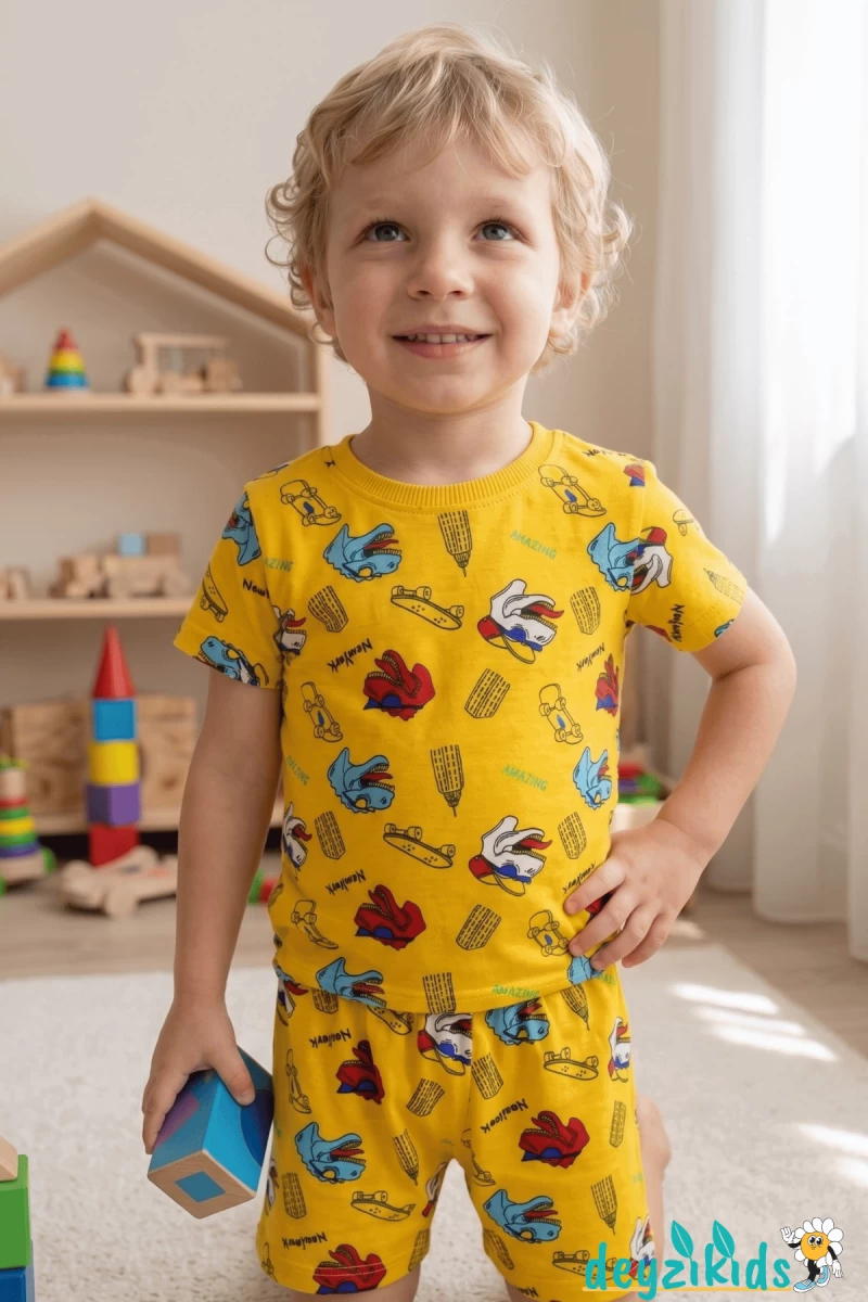 Dinozor Kaykay Baskılı Kısa Kollu T-shirt Beli Lastikli Şort Alt Üst Takım 4-6-8-10-12 Yaş