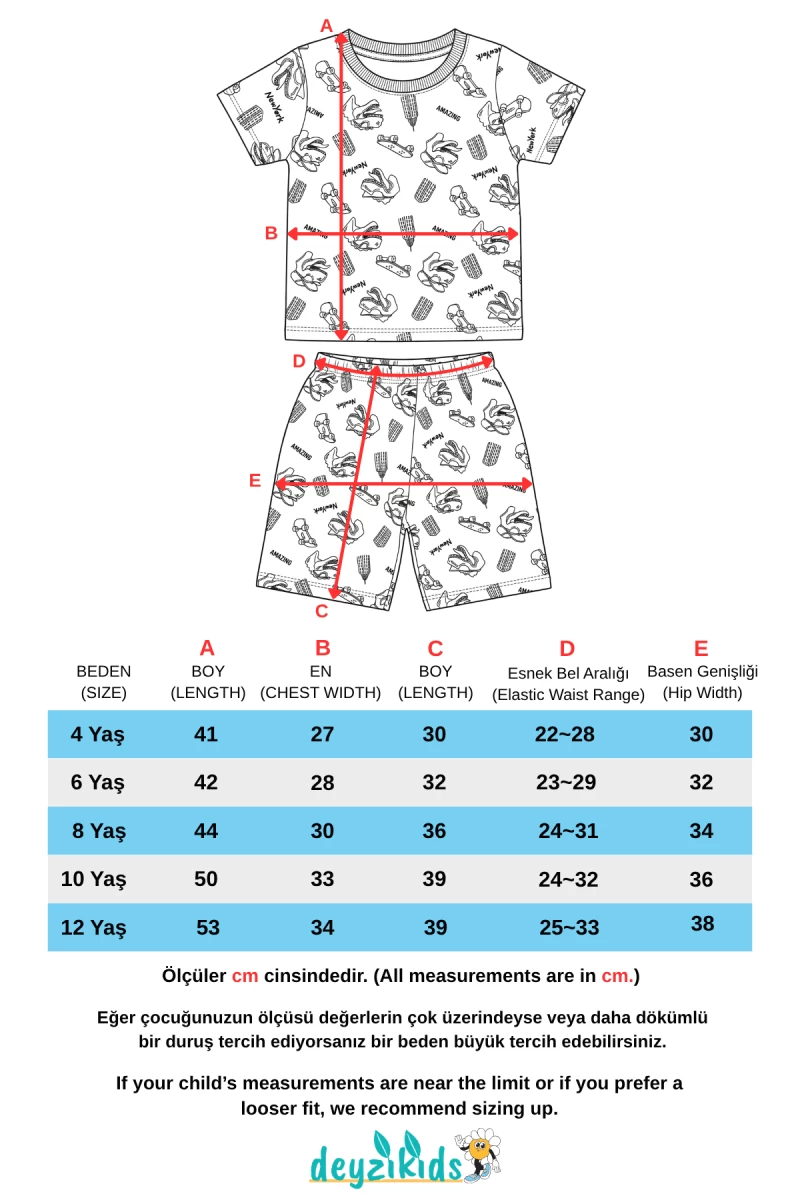 Dinozor Kaykay Baskılı Kısa Kollu T-shirt Beli Lastikli Şort Alt Üst Takım 4-6-8-10-12 Yaş