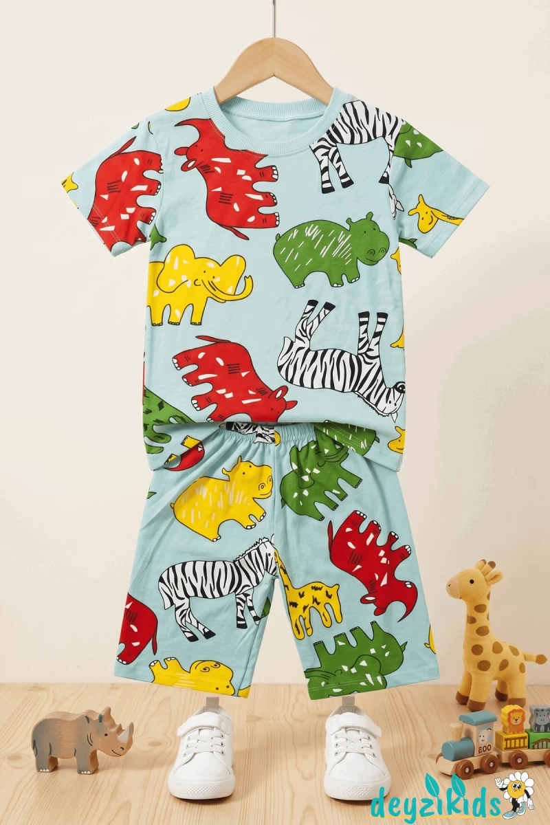 Zebra Fil Baskılı Kısa Kollu Beli Lastikli T-Shirt Şort Takım 4-8-6-10-12 Yaş