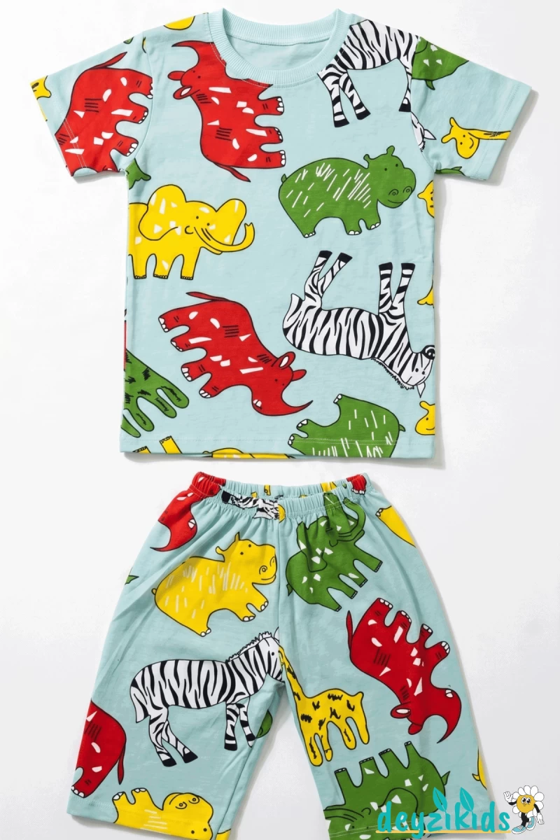 Zebra Fil Baskılı Kısa Kollu Beli Lastikli T-Shirt Şort Takım 4-8-6-10-12 Yaş
