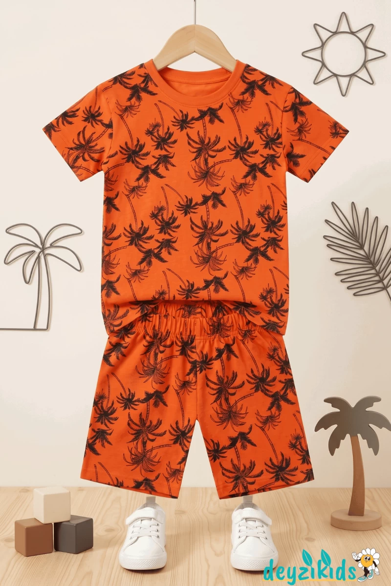 Palmiye Baskılı Kısa Kollu Beli Lastikli T-Shirt Şort Takım 2-3-4-5 Yaş