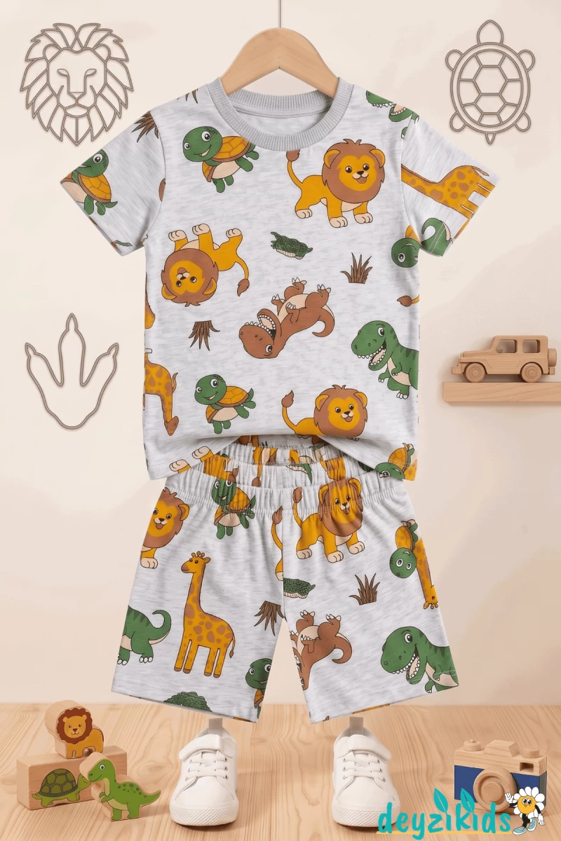 Aslan Kaplumbağ Karekter Baskılı Kısa Kollu Bisiklet Yaka Beli Lastikli T-Shirt Şort Takım 3-4-5-6-7-8-9-10-11-12 Yaş