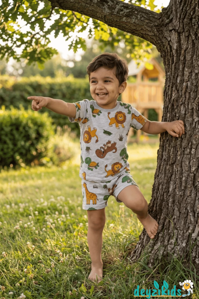 Aslan Kaplumbağ Karekter Baskılı Kısa Kollu Bisiklet Yaka Beli Lastikli T-Shirt Şort Takım 3-4-5-6-7-8-9-10-11-12 Yaş