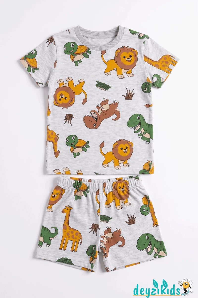 Aslan Kaplumbağ Karekter Baskılı Kısa Kollu Bisiklet Yaka Beli Lastikli T-Shirt Şort Takım 3-4-5-6-7-8-9-10-11-12 Yaş