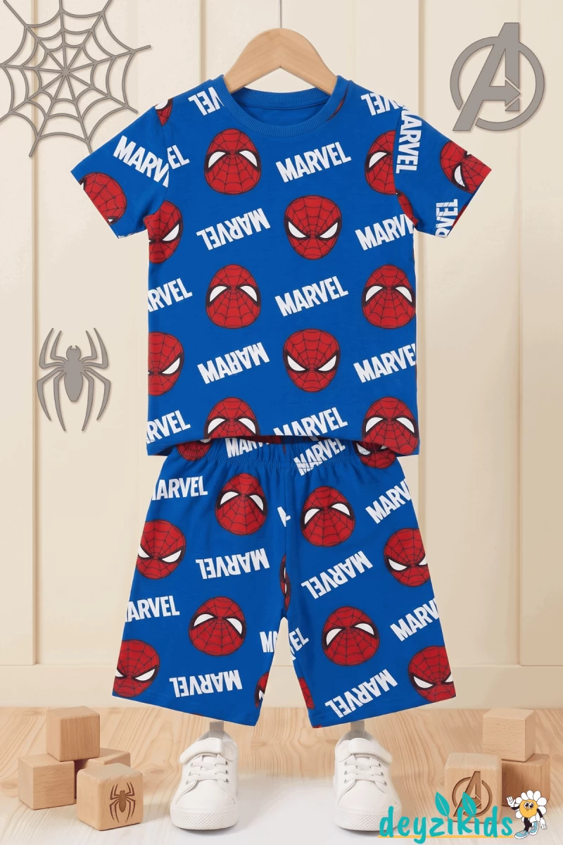 Spiderman Karekter Baskılı Kısa Kollu Bisiklet Yaka Beli Lastikli T-Shirt Şort Takım 3-4-5-6-7-8-9-10-11-12 Yaş
