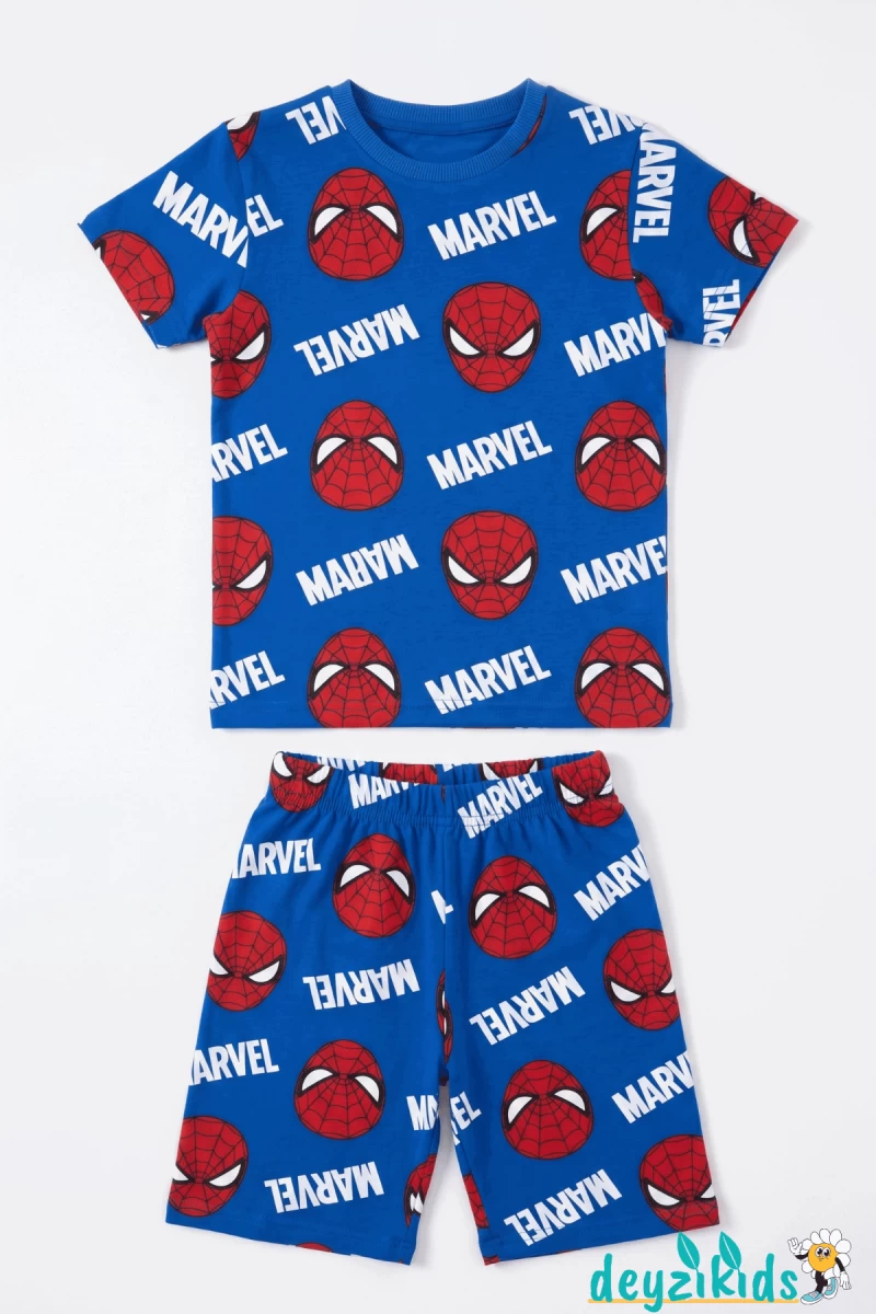 Spiderman Karekter Baskılı Kısa Kollu Bisiklet Yaka Beli Lastikli T-Shirt Şort Takım 3-4-5-6-7-8-9-10-11-12 Yaş