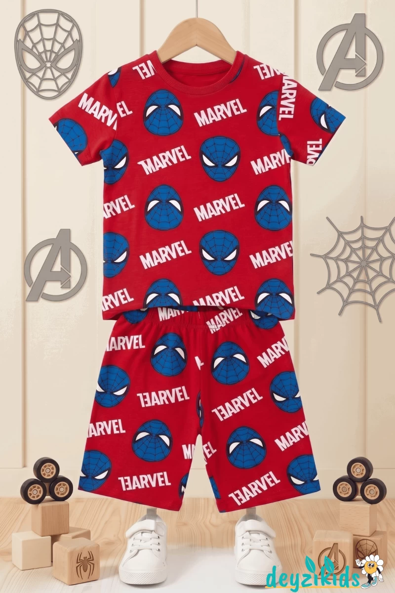 Spiderman Karekter Baskılı Kısa Kollu Bisiklet Yaka Beli Lastikli T-Shirt Şort Takım 3-4-5-6-7-8-9-10-11-12 Yaş