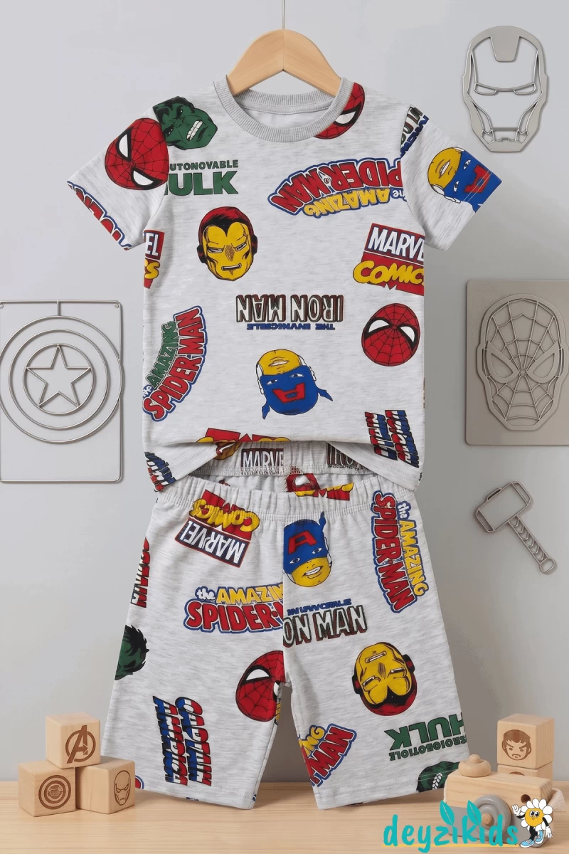 Gri Karekter Baskılı Kısa Kollu Bisiklet Yaka Beli Lastikli T-Shirt Şort Takım 3-4-5-6-7-8-9-10-11-12 Yaş