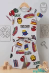 Gri Karekter Baskılı Kısa Kollu Bisiklet Yaka Beli Lastikli T-Shirt Şort Takım 3-4-5-6-7-8-9-10-11-12 Yaş