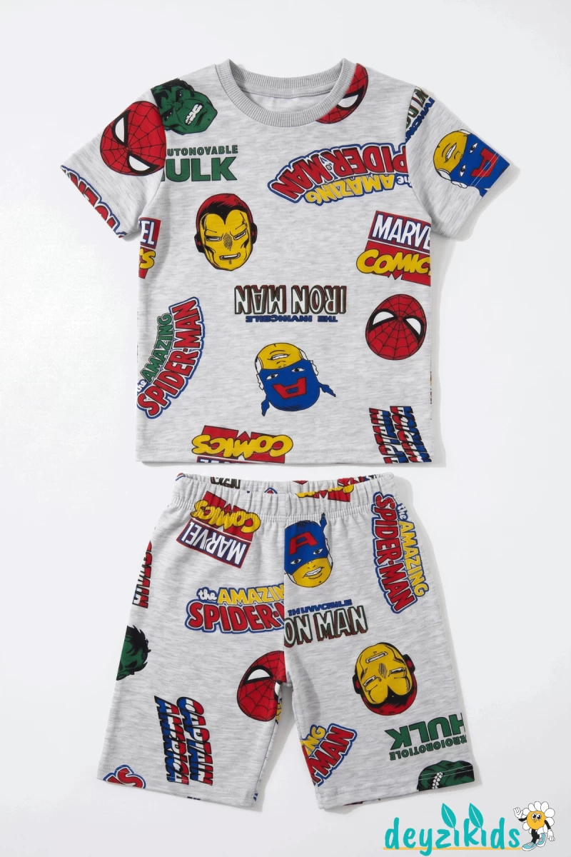 Gri Karekter Baskılı Kısa Kollu Bisiklet Yaka Beli Lastikli T-Shirt Şort Takım 3-4-5-6-7-8-9-10-11-12 Yaş