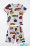 Gri Karekter Baskılı Kısa Kollu Bisiklet Yaka Beli Lastikli T-Shirt Şort Takım 3-4-5-6-7-8-9-10-11-12 Yaş