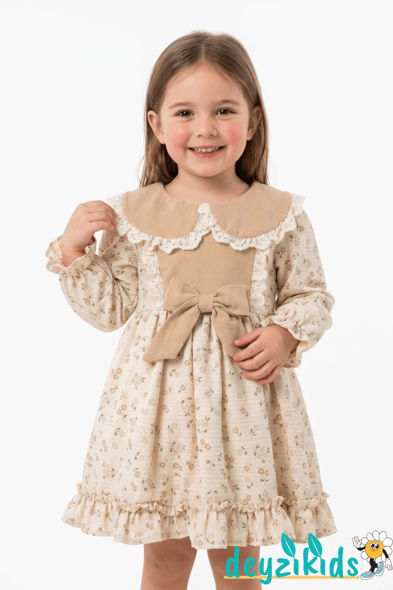 Çicekli Fiyonklu Üçgen Yaka Dantelli Sanabel Grıls Dress Elbise 2-3-4-5 Years 96
