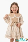 Çicekli Fiyonklu Üçgen Yaka Dantelli Sanabel Grıls Dress Elbise 2-3-4-5 Years 96