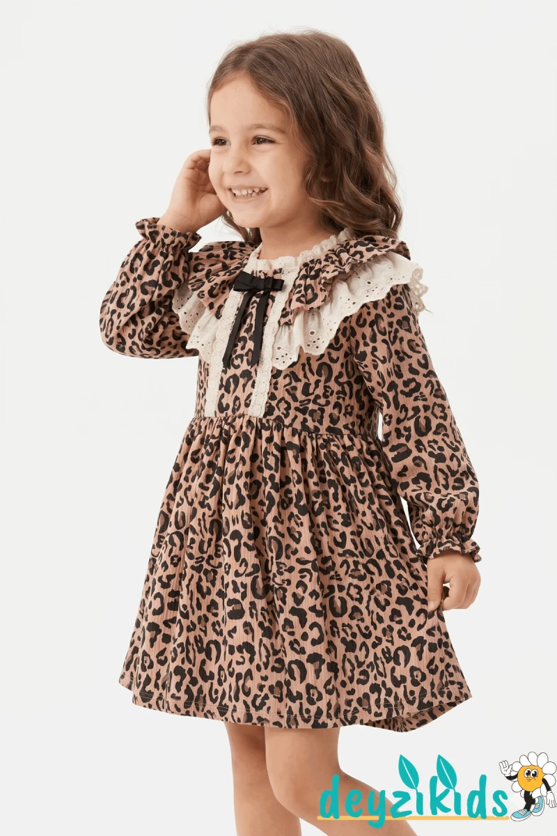 Leopar Desenli Dantel Yakalı Dıva Grıls Dress Elbise  2-3-4-5 Yaş -88