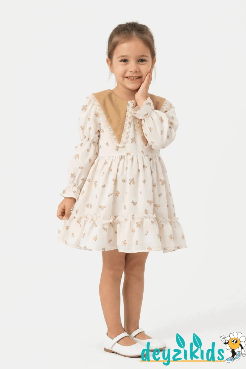 Çiçekli Dantel Yuvarlak Yaka Detaylı Fiyonklu Mıra Grıls Dress Elbise  2-3-4-5 Years 86