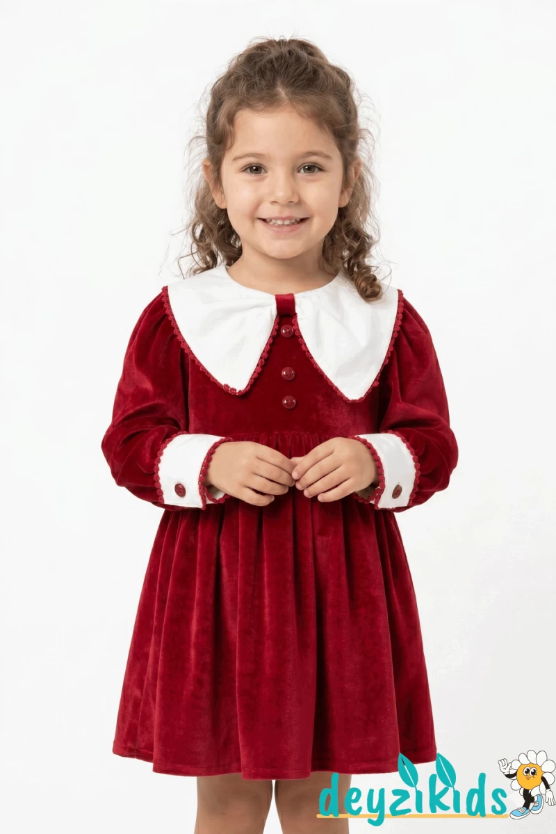 Yakalı Kadife Elbise Kol Detaylı Patrıcıa Gırls Dress Elbise  2-3-4-5 Years 104