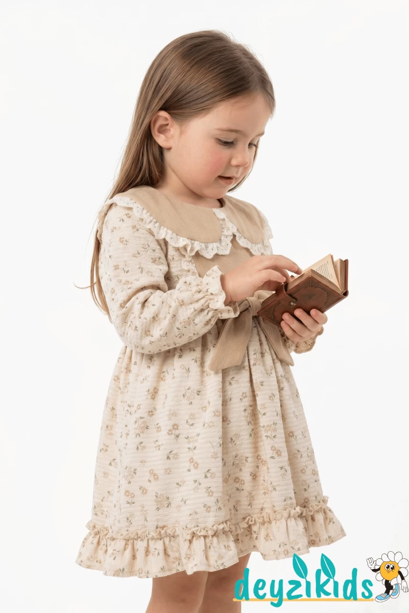 Çicekli Fiyonklu Üçgen Yaka Dantelli Sanabel Grıls Dress Elbise 2-3-4-5 Years 96