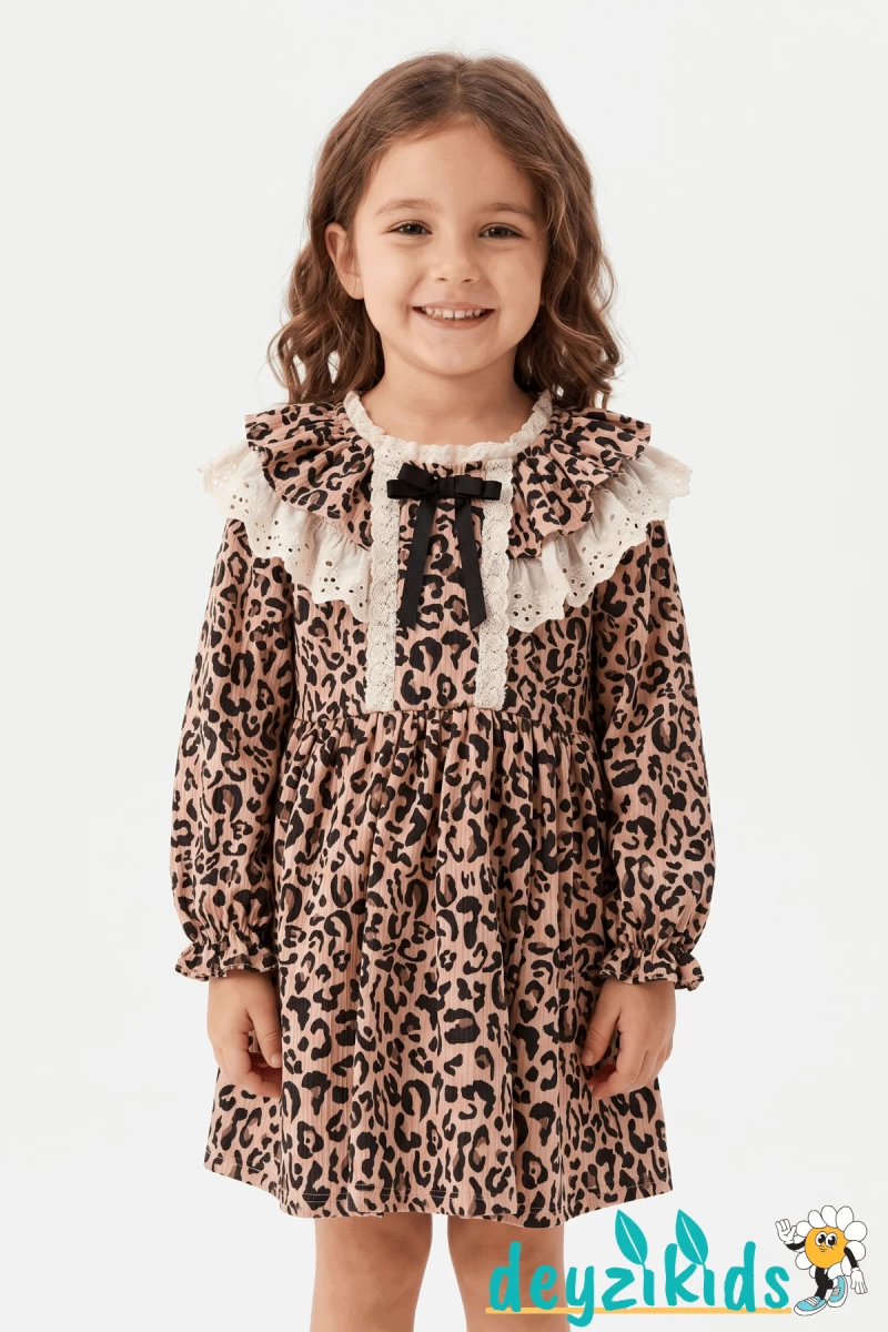 Leopar Desenli Dantel Yakalı Dıva Grıls Dress Elbise  2-3-4-5 Yaş -88