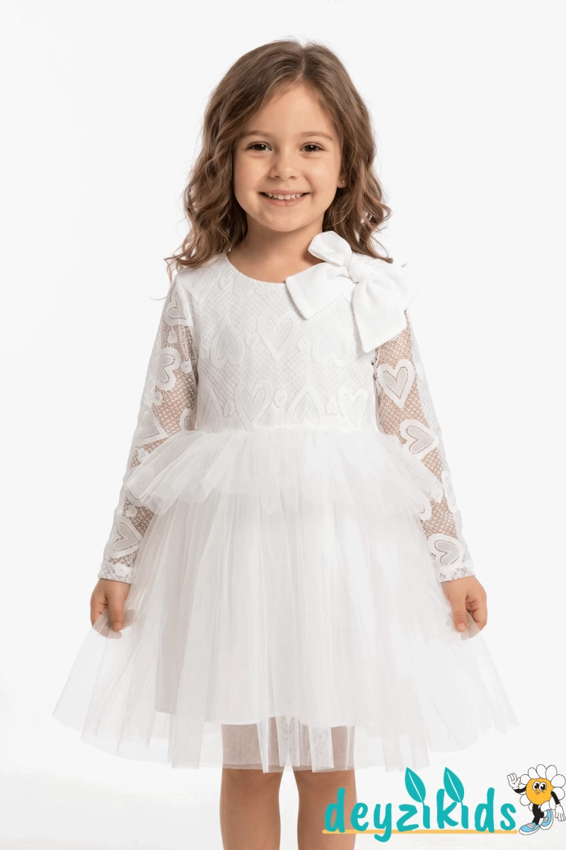 Dantel ve Tüllü Arkası Dekolteli Fiyonklu Nora Grıls Dress Elbise 2-3-4-5 Years 55