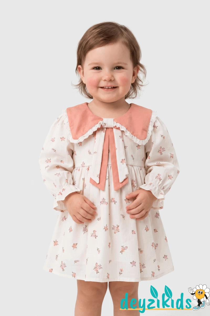 Çicekli Fiyonk Yakalı Louse Baby Dress Elbise 6-9/9-12/12-18/18-24 Aylık 84