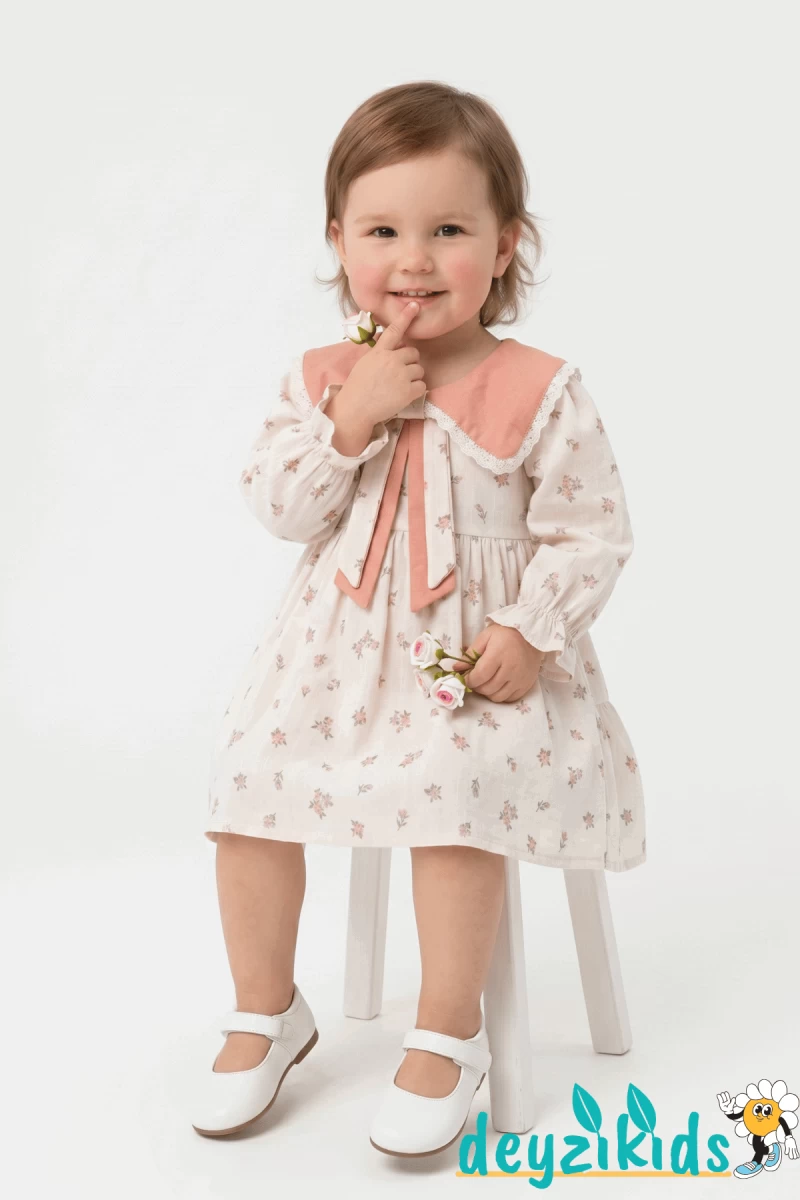 Çicekli Fiyonk Yakalı Louse Baby Dress Elbise 6-9/9-12/12-18/18-24 Aylık 84