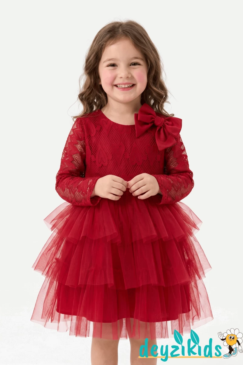 Dantel ve Tüllü Arkası Dekolteli Fiyonklu Nora Grıls Dress Elbise 2-3-4-5 Years 55