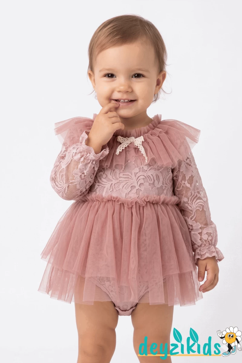 Dantelli Arkadan Fermualı Elbise Alttan Çıtçıtlı Cora BABY Romper Elbise 3-6/6-9/9-12/9-12 Aylık 100