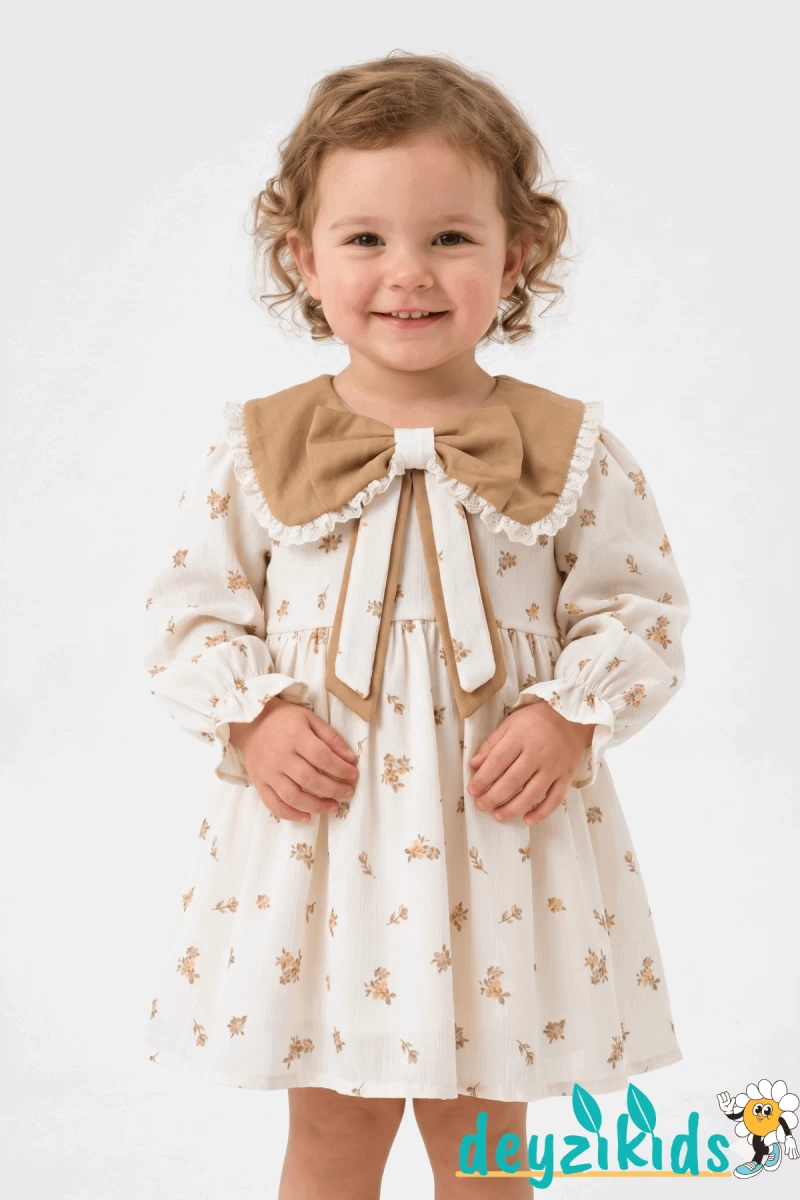 Çicekli Fiyonk Yakalı Louse Baby Dress Elbise 6-9/9-12/12-18/18-24 Aylık 84