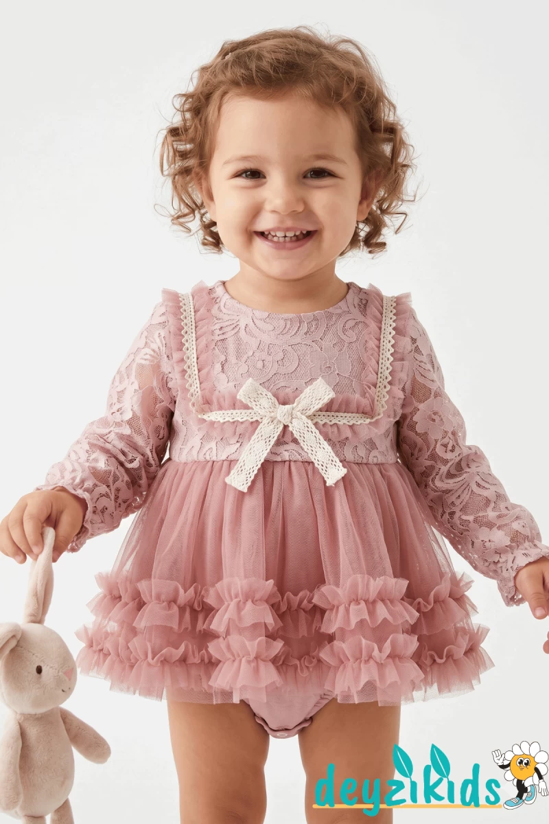 Dantelli Arkadan Düğmeli Alttan Çıtçıtlı Alwın BABY ROMPER Elbise 6-9-12-18 Aylık 57