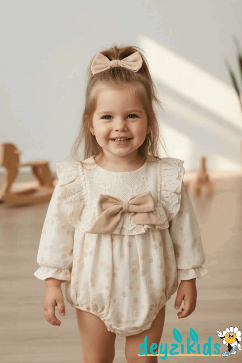 Fiyonklu Yaka Dantelli Detaylı Alttan Çıtçıtlı Astarlı Gale BABY romper Elbise 3-6/6-9/9-12/12-18 Aylık 94