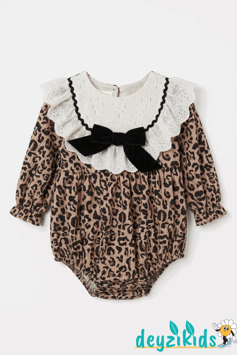 Yaka Dantelli Fiyonklu Leaopar Alttan Çıtçıtlı Amelia BABY Romper Elbise 3-6/6-9/9-12/9-12 Aylık 89