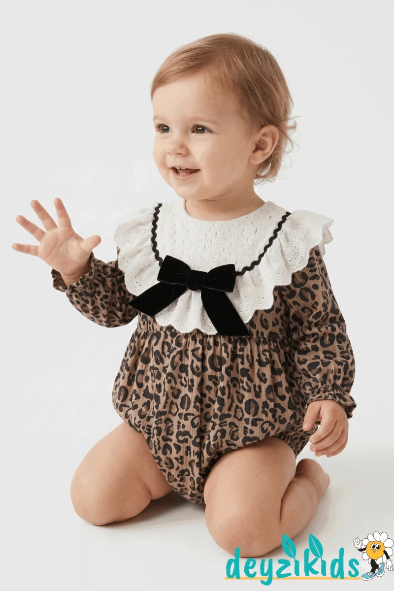 Yaka Dantelli Fiyonklu Leaopar Alttan Çıtçıtlı Amelia BABY Romper Elbise 3-6/6-9/9-12/9-12 Aylık 89