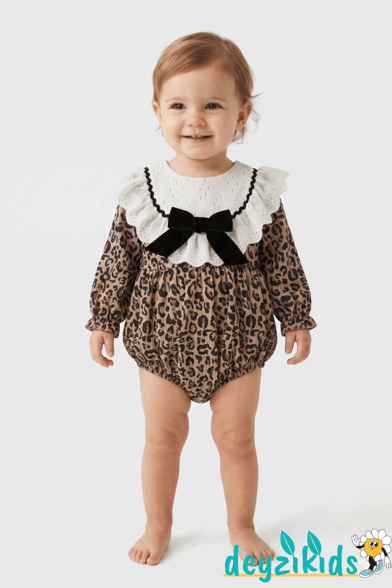 Yaka Dantelli Fiyonklu Leaopar Alttan Çıtçıtlı Amelia BABY Romper Elbise 3-6/6-9/9-12/9-12 Aylık 89