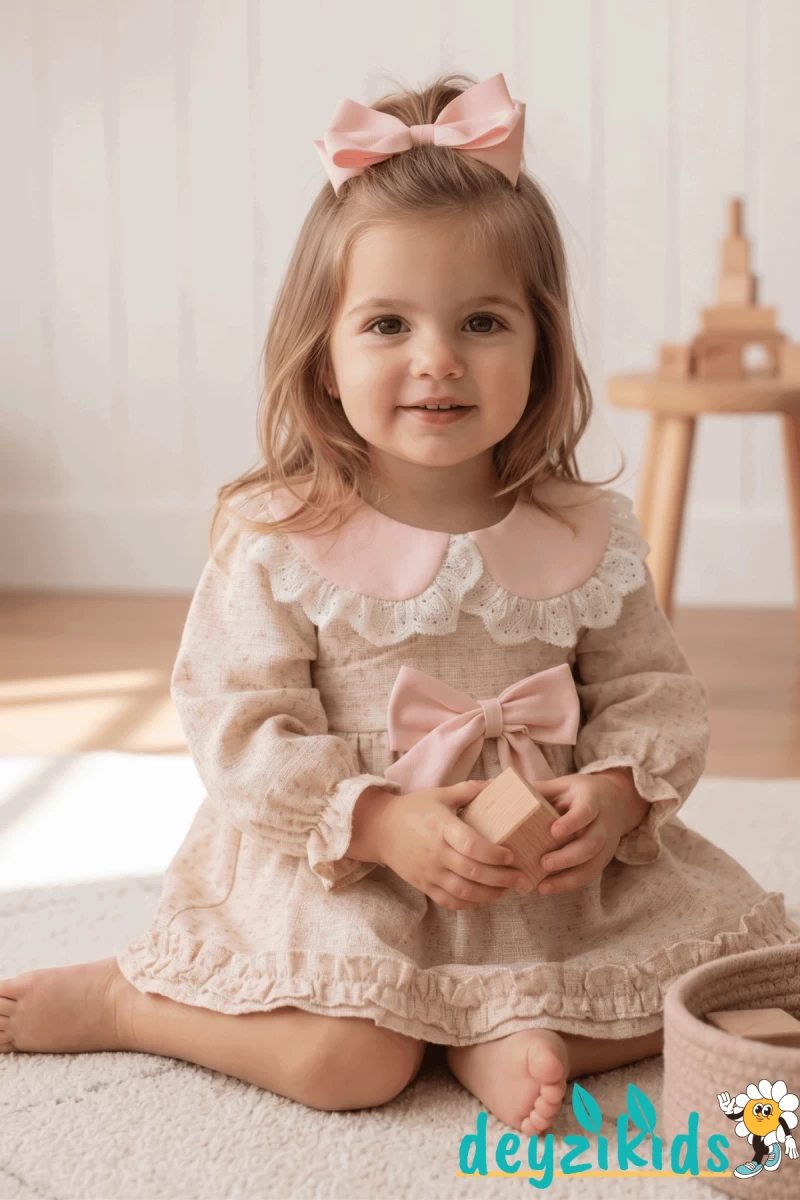 Çiçekli Dantel Yuvarlak Yaka Detaylı Fiyonklu Betty Baby Dress Elbise 6-9/9-12/12-18/18-24 Years 95