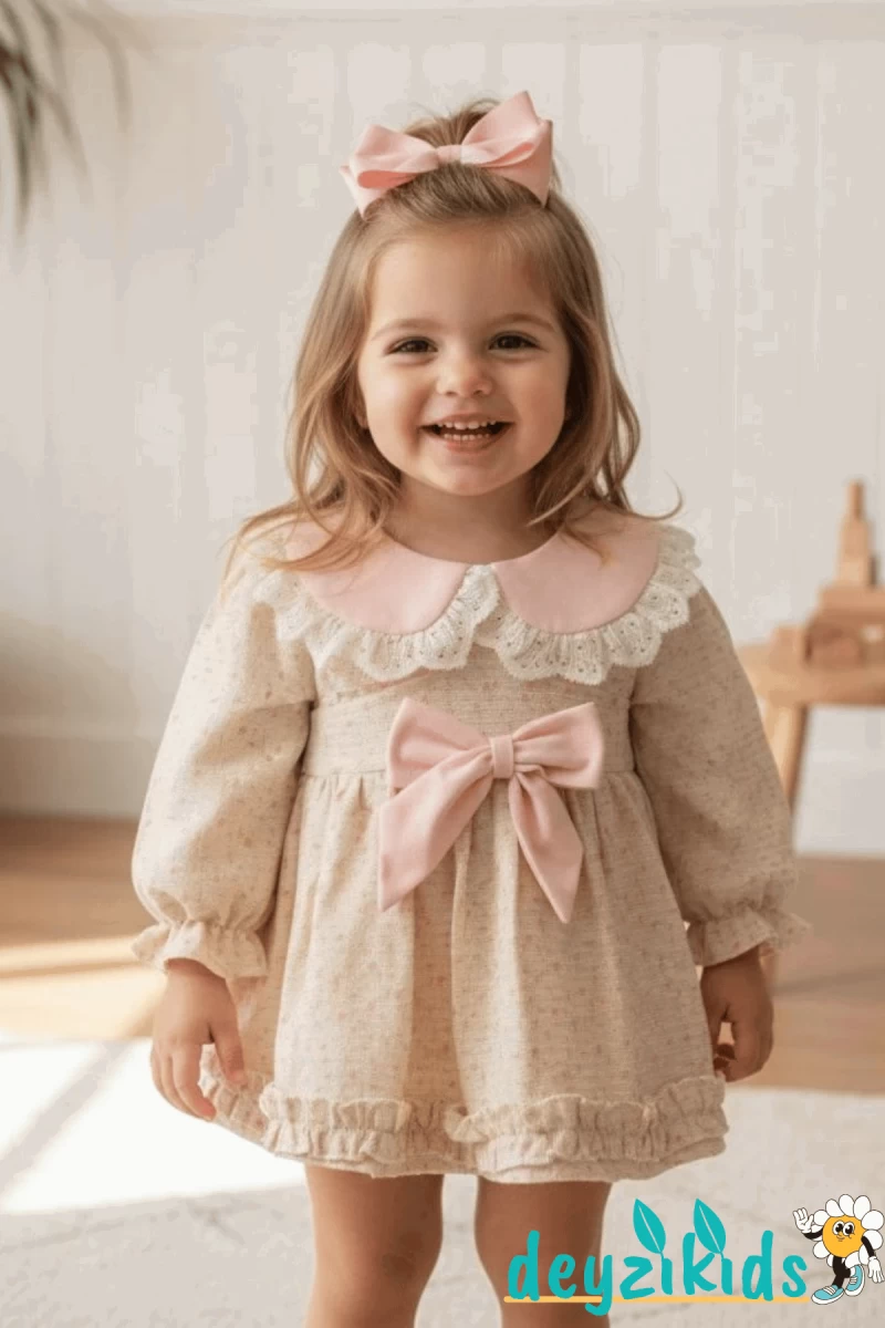 Çiçekli Dantel Yuvarlak Yaka Detaylı Fiyonklu Betty Baby Dress Elbise 6-9/9-12/12-18/18-24 Years 95
