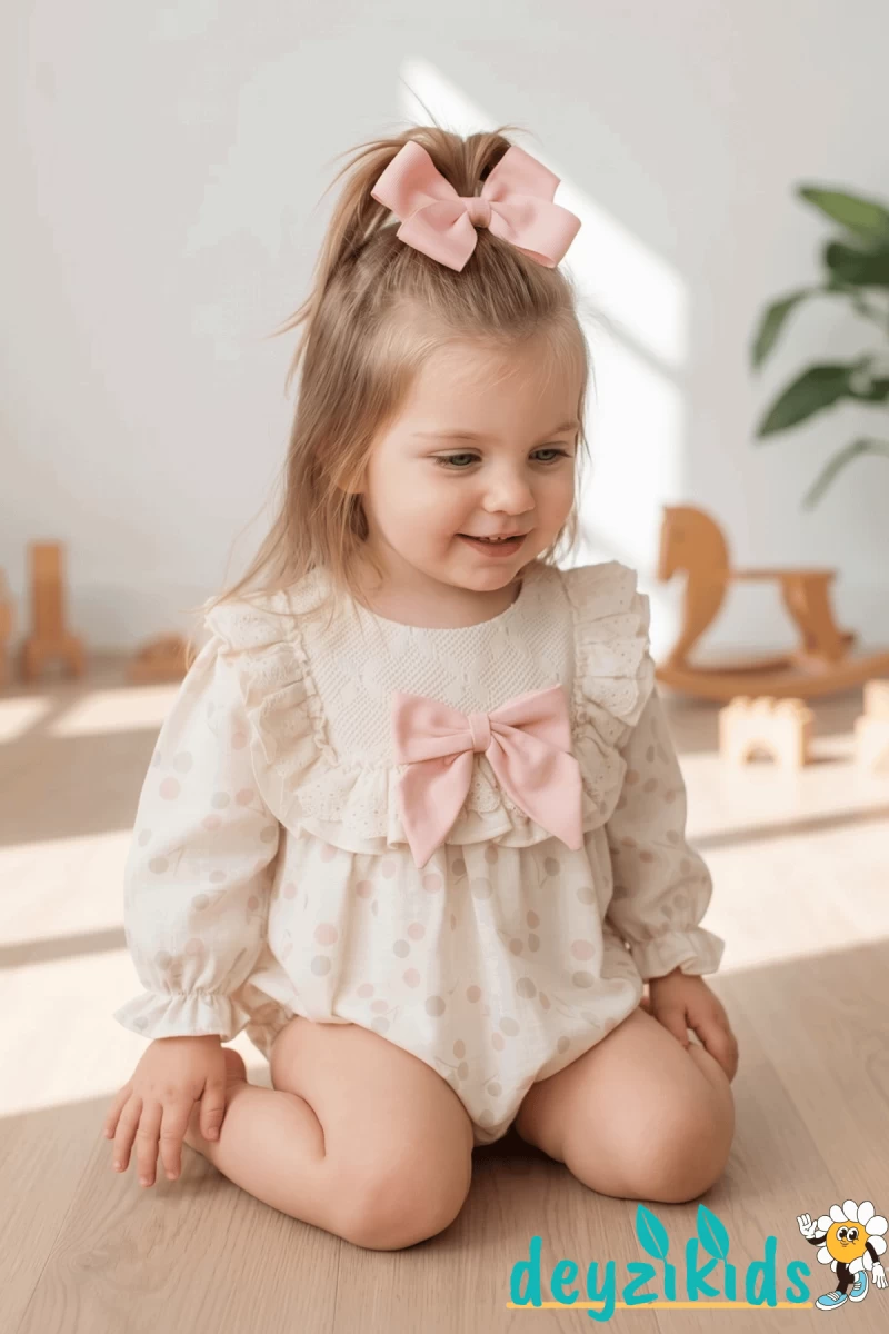Fiyonklu Yaka Dantelli Detaylı Alttan Çıtçıtlı Astarlı Gale BABY romper Elbise 3-6/6-9/9-12/12-18 Aylık 94