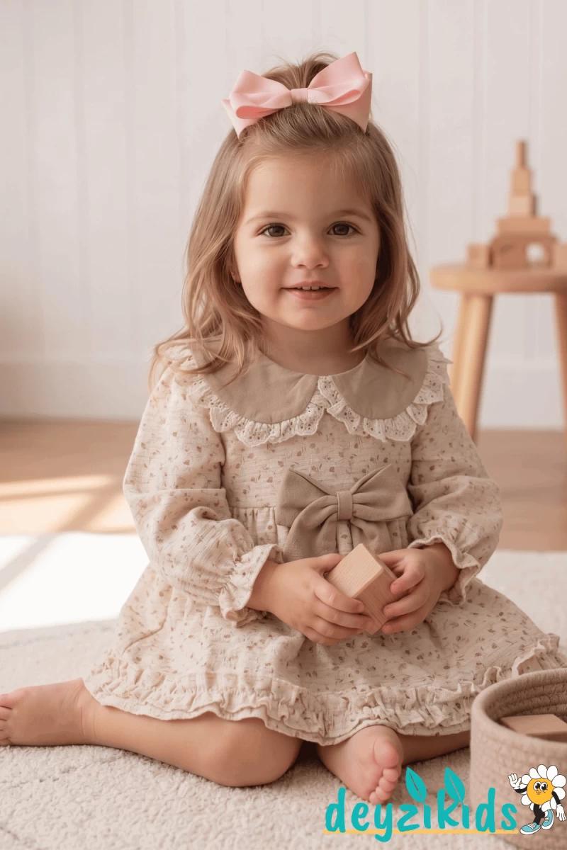 Çiçekli Dantel Yuvarlak Yaka Detaylı Fiyonklu Betty Baby Dress Elbise 6-9/9-12/12-18/18-24 Years 95